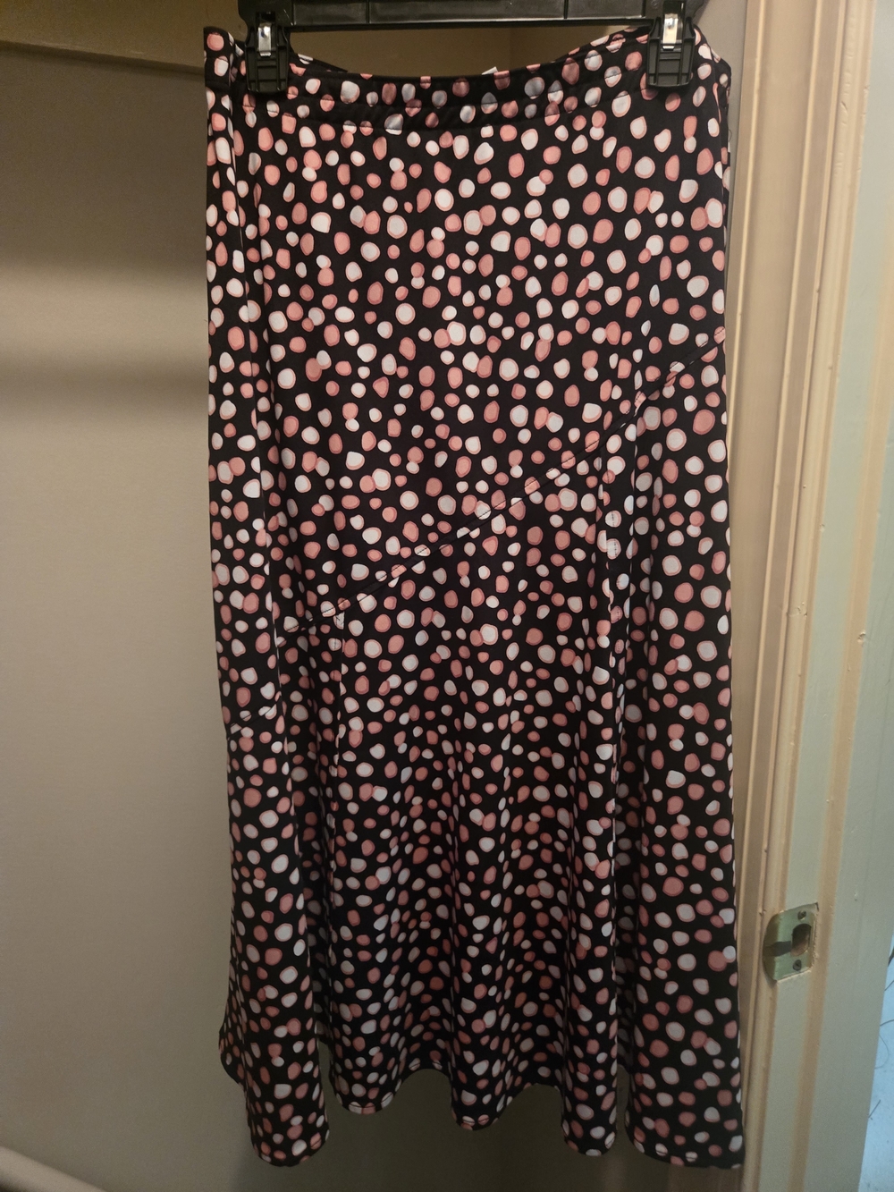Southern Lady Black Maxi Skirt with Pink Polka Dot Pattern